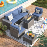 VONZOY 7 Piece Patio Furniture Set with Fire Pit Table, Outdoor Conversation Sets Wicker Rattan Sectional Sofa with Coffee Table, 4'' Thickened Cushion Navy Blue (Include Waterproof Cover) VONZOY