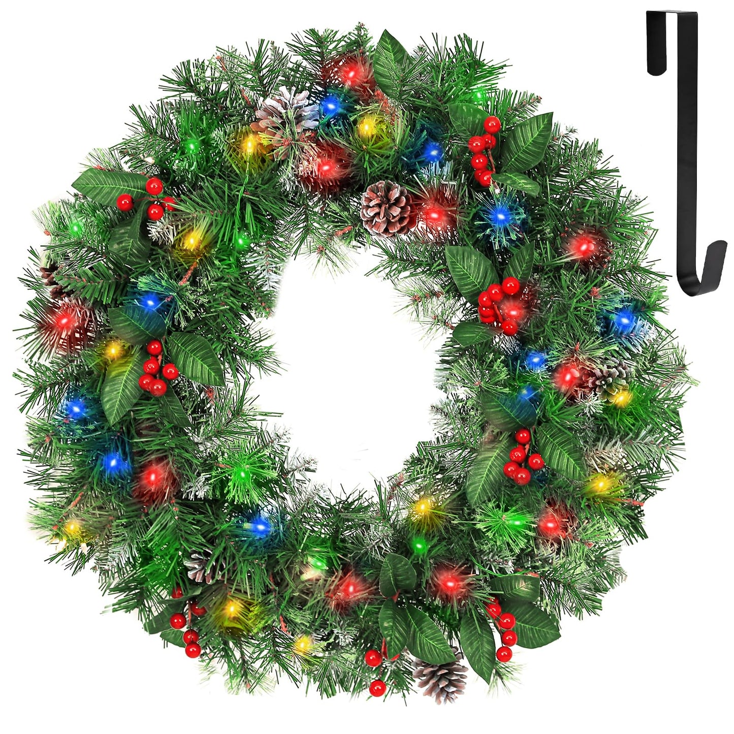 Hykolity 24 in. Pre-Lit Artificial Christmas Wreath with 50 Multicolor LED Lights, 164 Branch Tips, Battery Operated Wintry Pine Wreath with Timer & Hanger, Adorned with Pinecones, Berries for Holiday