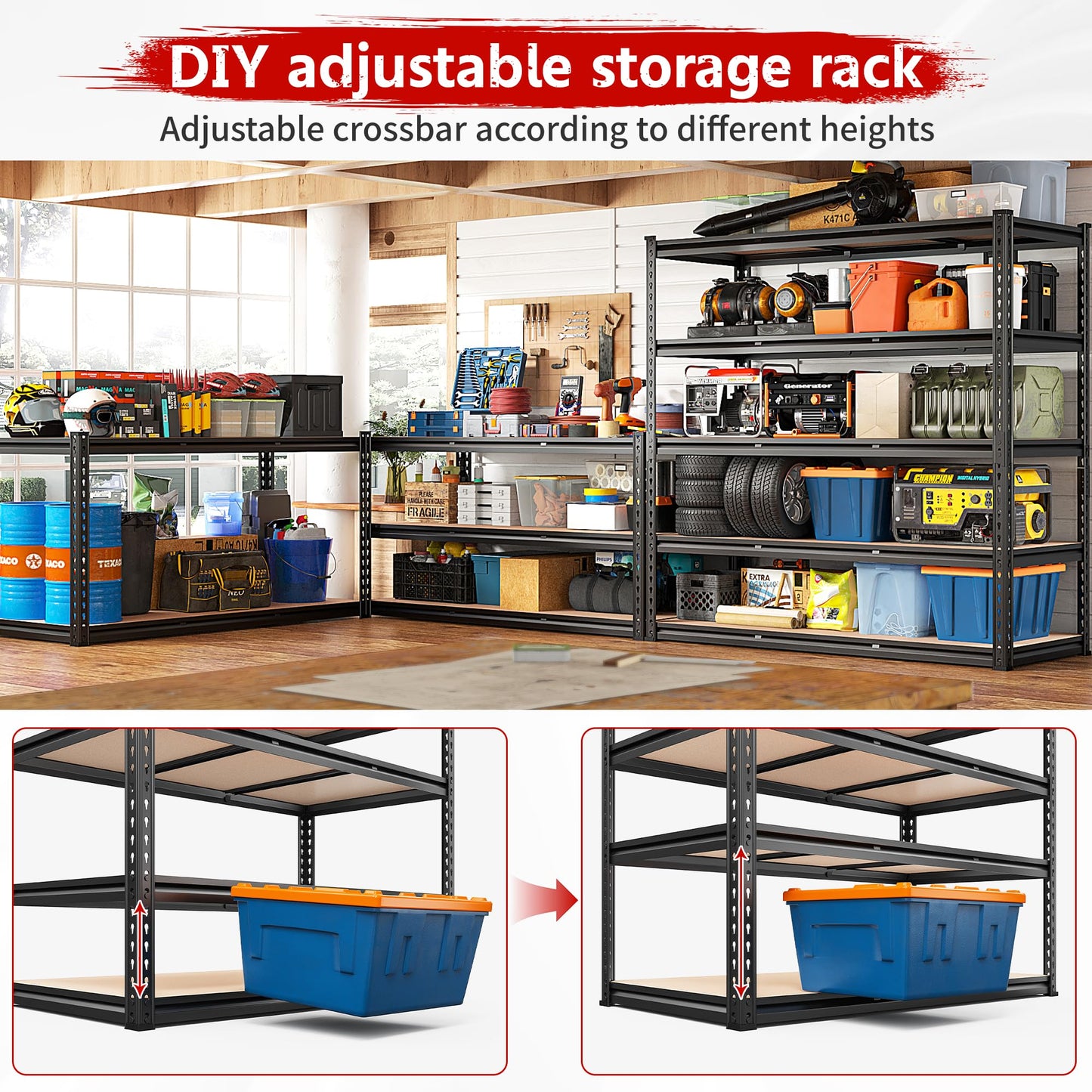 REIBII 48.2''W Garage Shelving Heavy Duty Storage Shelves 3000LBS Heavy Duty Shelving 72''H Adjustable Metal Shelves for Garage Storage Rack Industrial Shelf Utility Rack, 48.2''W X72''H X 24''D