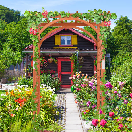 Tangkula 85 inches Garden Arbor, Wooden Wedding Arches Structure w/Trellis Sides for Climbing Plants, Patio Bridal Party Decoration Arbor for Garden, Lawn, Parties, Ceremony (Natural) Tangkula