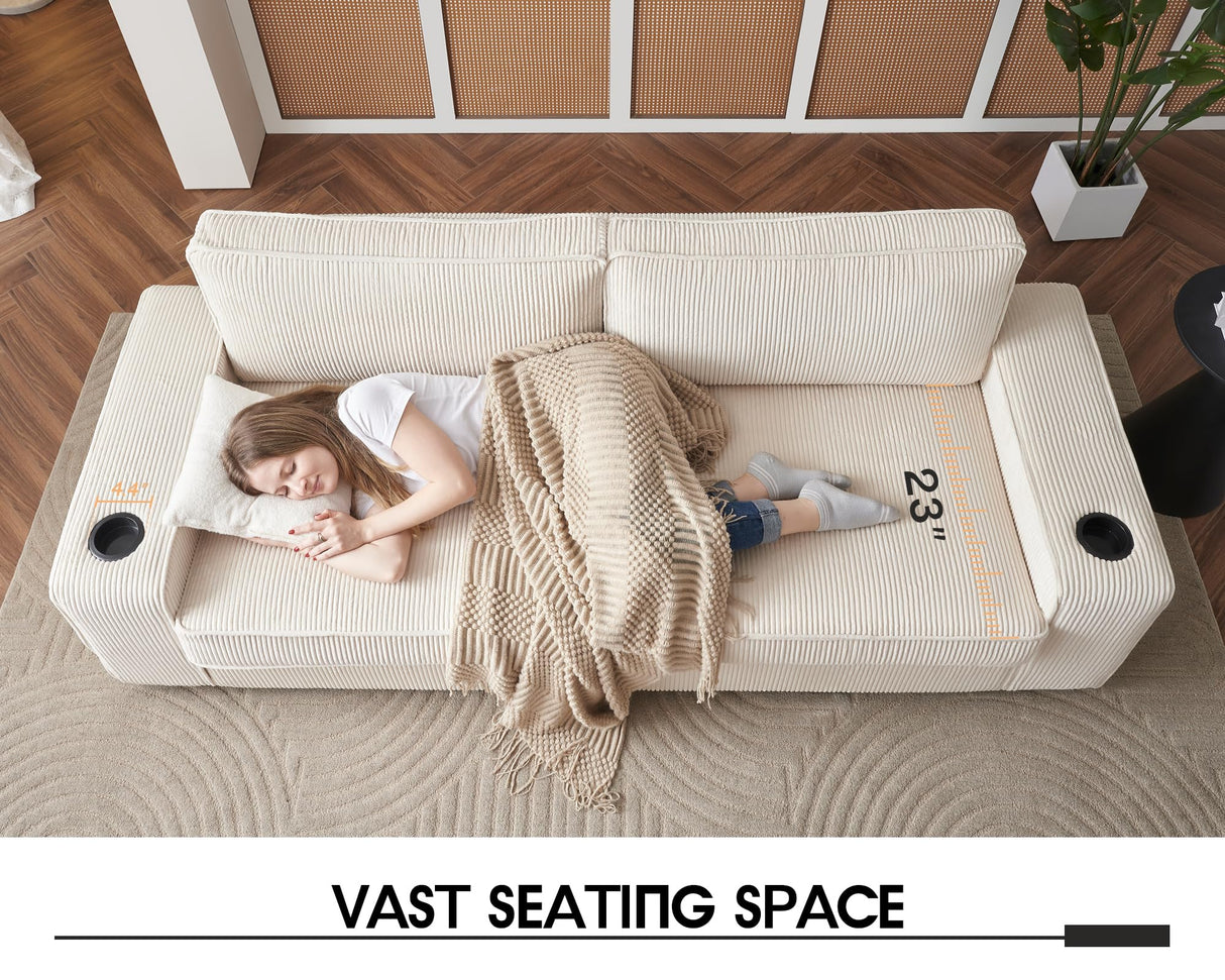 VanAcc Sofa, 89 inch Modern Sofa with USB Charging Ports & Cup Holders, Deep Seat Sofa Couch- Comfy Couch for Living Room (Beige Corduroy) VanAcc