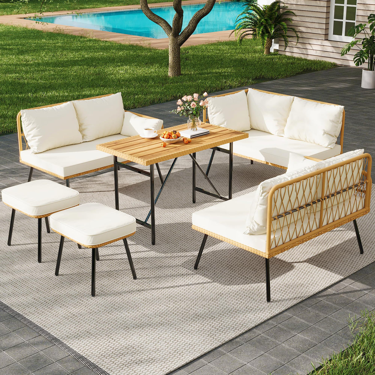 Senfot 6 Pieces Outdoor Patio Furniture Set with Table, All-Weather Boho Wicker Rattan Patio Sectional L-Shaped Sofa, Metal Frame, Detachable Cushions, for Patio, Balcony, Backyard, Deck, Beige Senfot