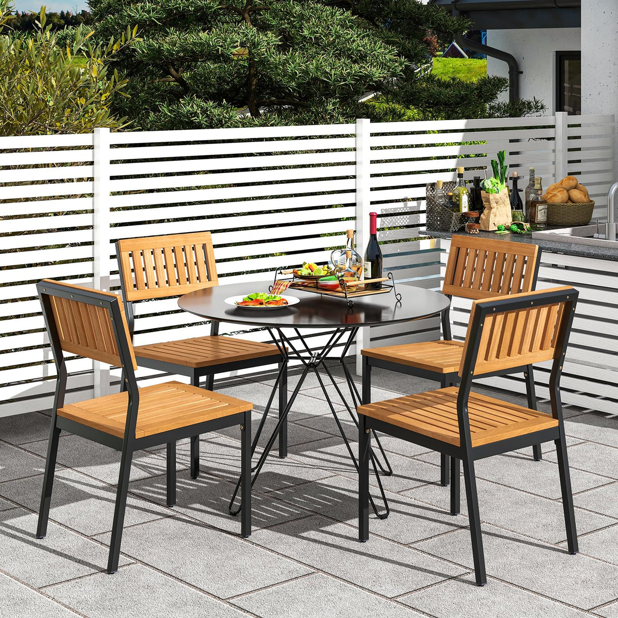 Tangkula 6 Pieces Outdoor Acacia Wood Dining Set, Patio Table and Chairs Set with Bench and 2” Umbrella Hole, Outdoor Patio Dining Furniture Set for Lawn, Garden, Poolside, Backyard Tangkula