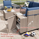 Aukreolis 13 Pieces Patio Furniture Set with Fire Pit Table, Outdoor Sectional Wicker Sofa with Thickened Cushions and Coffee Table, High Back Rattan Patio Conversation Sets, Navy Aukreolis