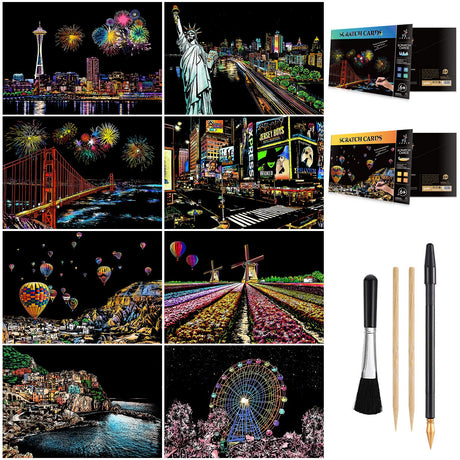Scratch Art for Teens & Adults, Rainbow Engraving Painting Landscape Scratchboard(A4) Crafts Set: 8 Sheets with 4 tools - New York, Statue of Liberty, Golden Gate Bridge, Manarola (America / Europe) AP ARTSPER
