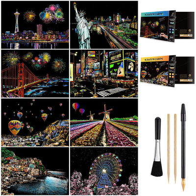 Scratch Art for Teens & Adults, Rainbow Engraving Painting Landscape Scratchboard(A4) Crafts Set: 8 Sheets with 4 tools - New York, Statue of Liberty, Golden Gate Bridge, Manarola (America / Europe)