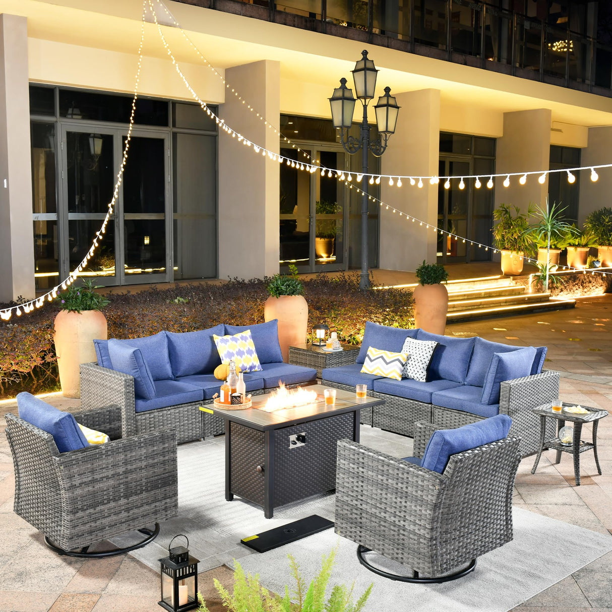 ovios 11 Piece Outdoor Patio Furniture Set with Fire Pit Table,Conversation Sectional Wicker Couch with Swivel Chairs,Modern Outside Sofa for Balcony Backyard (Blue) ovios