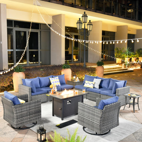 ovios 11 Piece Outdoor Patio Furniture Set with Fire Pit Table,Conversation Sectional Wicker Couch with Swivel Chairs,Modern Outside Sofa for Balcony Backyard (Blue) ovios