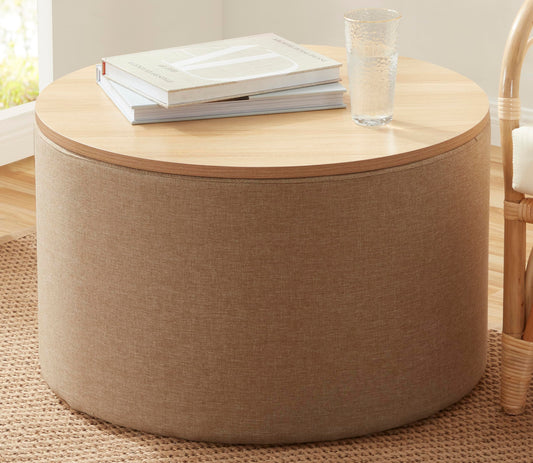 Ornavo Home 22 inch Large Round Ottoman Coffee Table Storage Ottoman with Wooden Lift Off Lid, Ottoman with Storage for Living Room, Bedroom and Office, Linen Beige