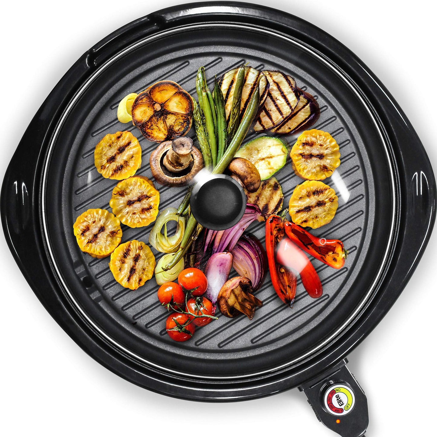 Elite Gourmet EMG-980B Smokeless Electric Tabletop Grill Nonstick, 6-Serving, Dishwasher Safe Removable Grilling Plate, Grill Indoor, Tempered Glass Lid, Adjustable Temperature, 14" Black