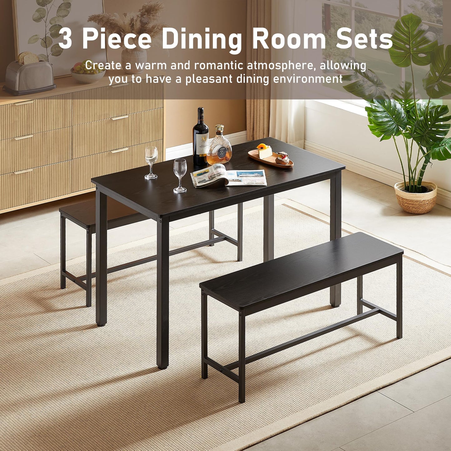 SumKea 3-Piece 4 Bar 2 Dining Benches, 43.3'' Wood Kitchen Table & Chair Set for Breakfast Nook and Small Space, Black - WoodArtSupply