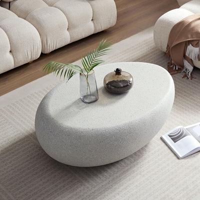 Modern Oval Coffee Table Contemporary Stone Coffee Tables Modern Accent Center Table Faux Rock Table for Indoor Outdoor, No Need Assembly, Accent Table Living Room Furniture, Beige
