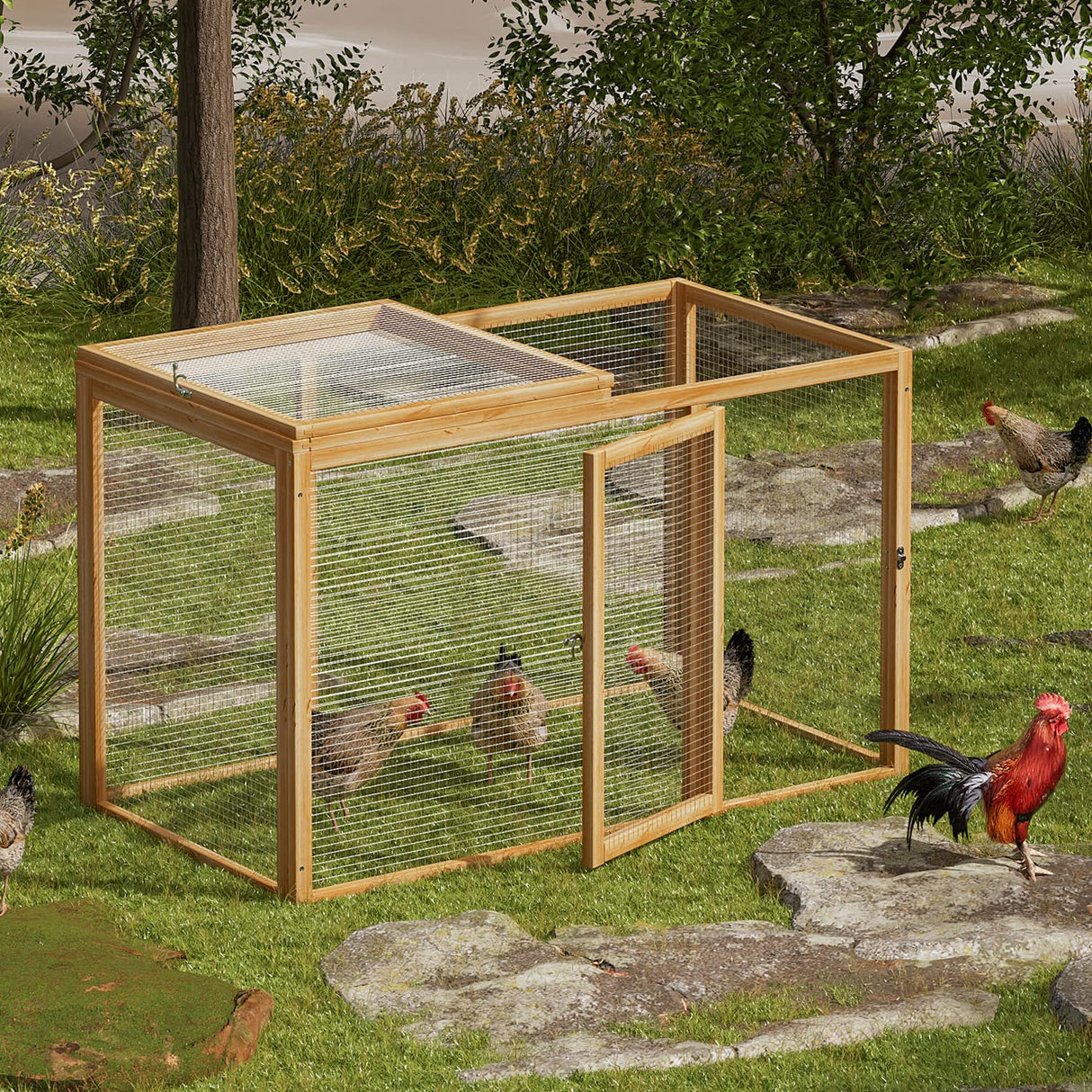 MoNiBloom Chicken Run for Yard Wood Chicken Cage Rabbit Hutch Bunny Pen with Openable Roof and Side Door, Outdoor Lockable Duck Coop Small Animal Habitat Enclosure Hen Coop Add-Ons, 45 x 24 x 28 inch MoNiBloom