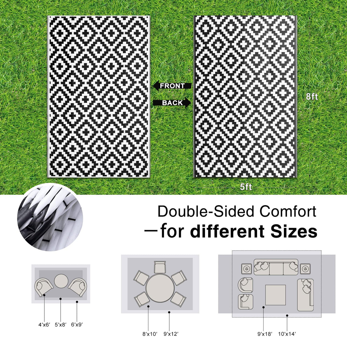 OLANLY Waterproof Outdoor Rug 5x8 ft, Outdoor Plastic Straw Rug for Camping, RV Mat Outside, Indoor Outdoor Carpet for Porch, Deck, Backyard, Balcony, Picnic, Black & White OLANLY