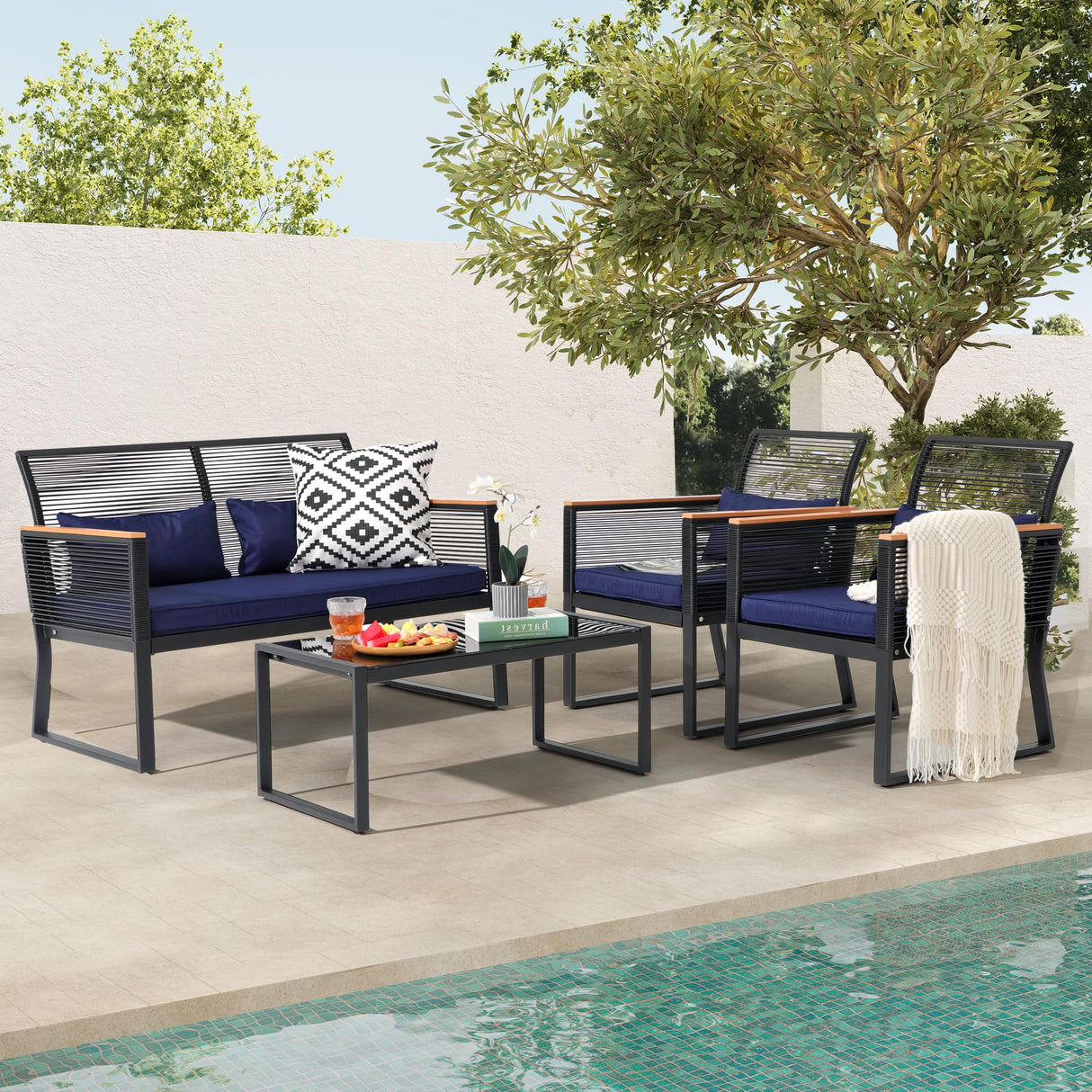 Patiorama 4 Piece Patio Furniture Set, Outdoor Wicker Bistro Set, All-Weather Black PE Rattan Conversation Set w/Coffee Table, Loveseat, Wood-Like Armrest, Cushions for Garden Balcony Deck, Navy Blue Patiorama