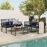 Patiorama 4 Piece Patio Furniture Set, Outdoor Wicker Bistro Set, All-Weather Black PE Rattan Conversation Set w/Coffee Table, Loveseat, Wood-Like Armrest, Cushions for Garden Balcony Deck, Navy Blue Patiorama