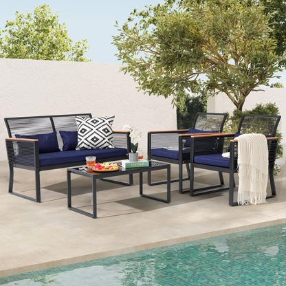 Patiorama 4 Piece Patio Furniture Set, Outdoor Wicker Bistro Set, All-Weather Black PE Rattan Conversation Set w/Coffee Table, Loveseat, Wood-Like Armrest, Cushions for Garden Balcony Deck, Navy Blue