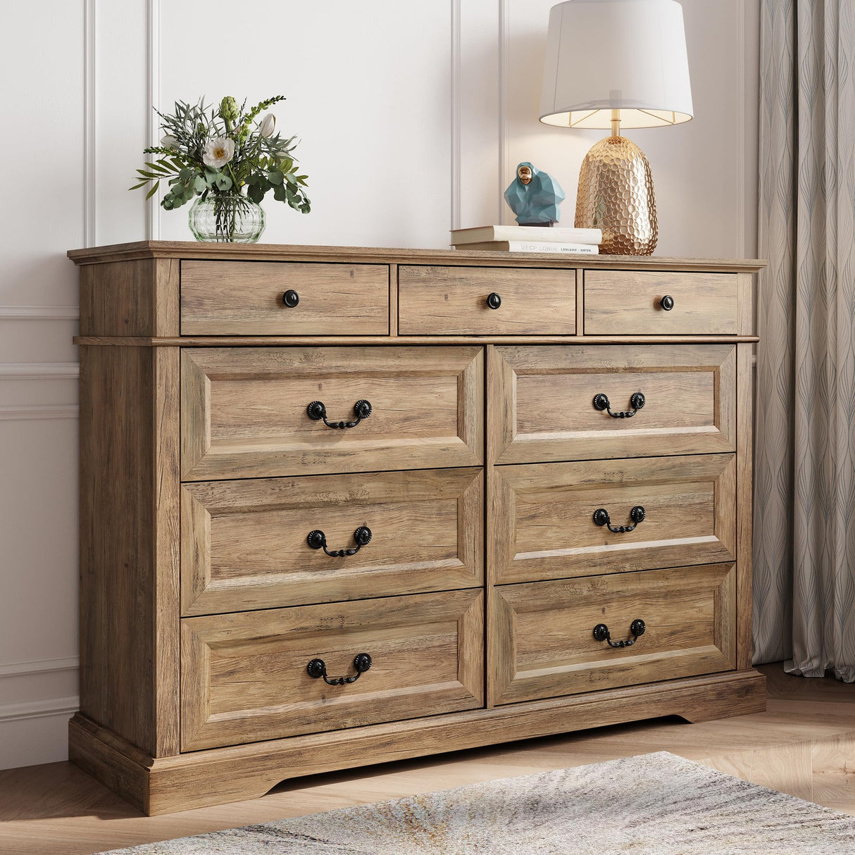 LINSY HOME 9 Drawers Dresser for Bedroom, Wide Wood Chest of Drawers with Metal Handle, Farmhouse Tall Drawer Organizer for Bedroom, Closet, Living Room, Hallway and Entryway, Rustic Oak LINSY HOME