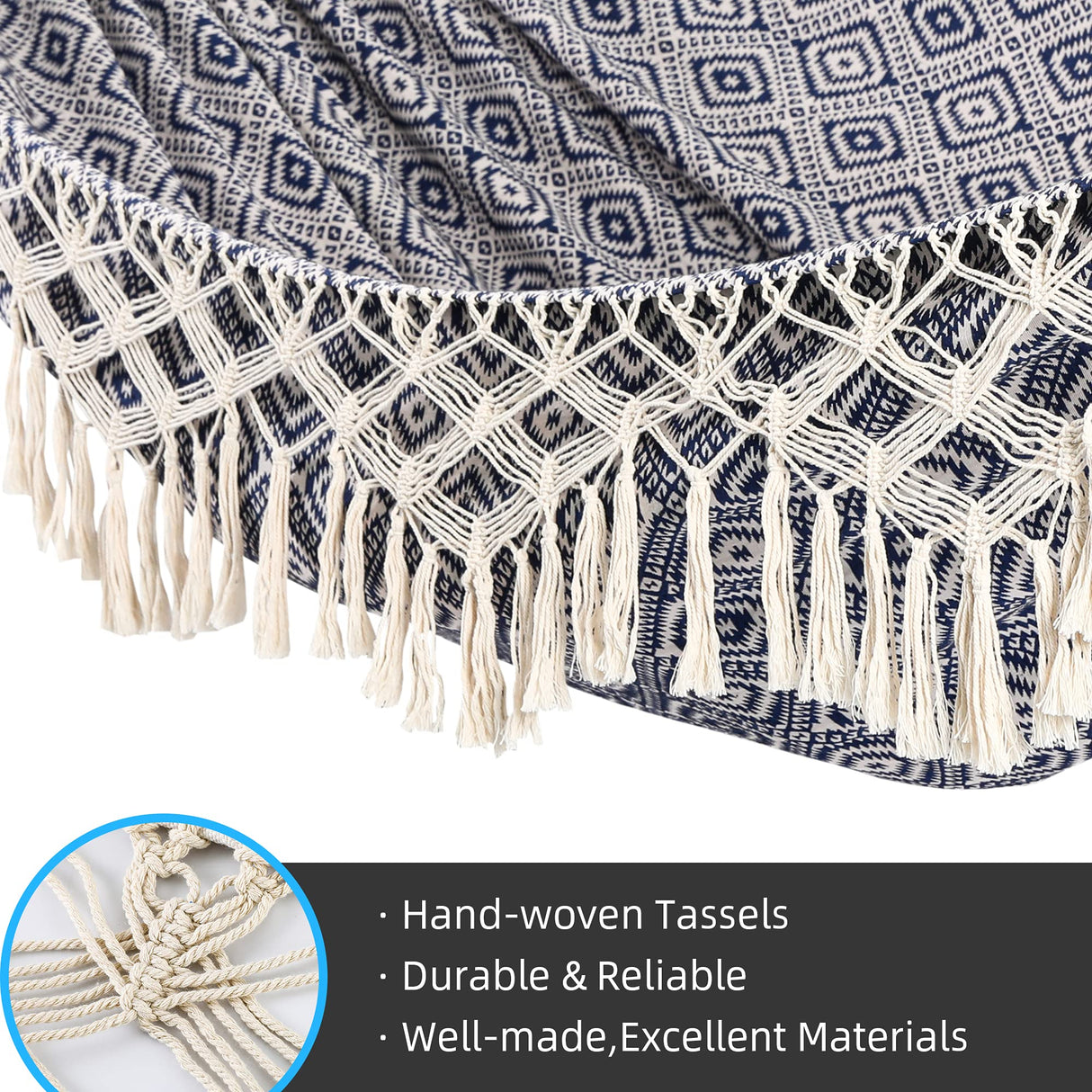 Backyard Hammock with Tassels,Garden Hammocks with Portable Carry,Bag Deluxe Macrame Fringe for Patio,Garden,Backyard,Beach,Outdoor and Indoor Porch Fabric, Up to 450Lbs (Blue-Diamond) ROOITY