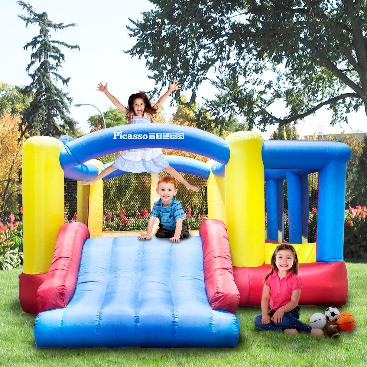 [Upgrade Version] PicassoTiles KC102 12x10 Foot Inflatable Bouncer Jumping Bouncing House, Jump Slide, Dunk Playhouse w/Basketball Rim, 4 Sports Balls, Full-Size Entry, 580W ETL Certified Blower PicassoTiles
