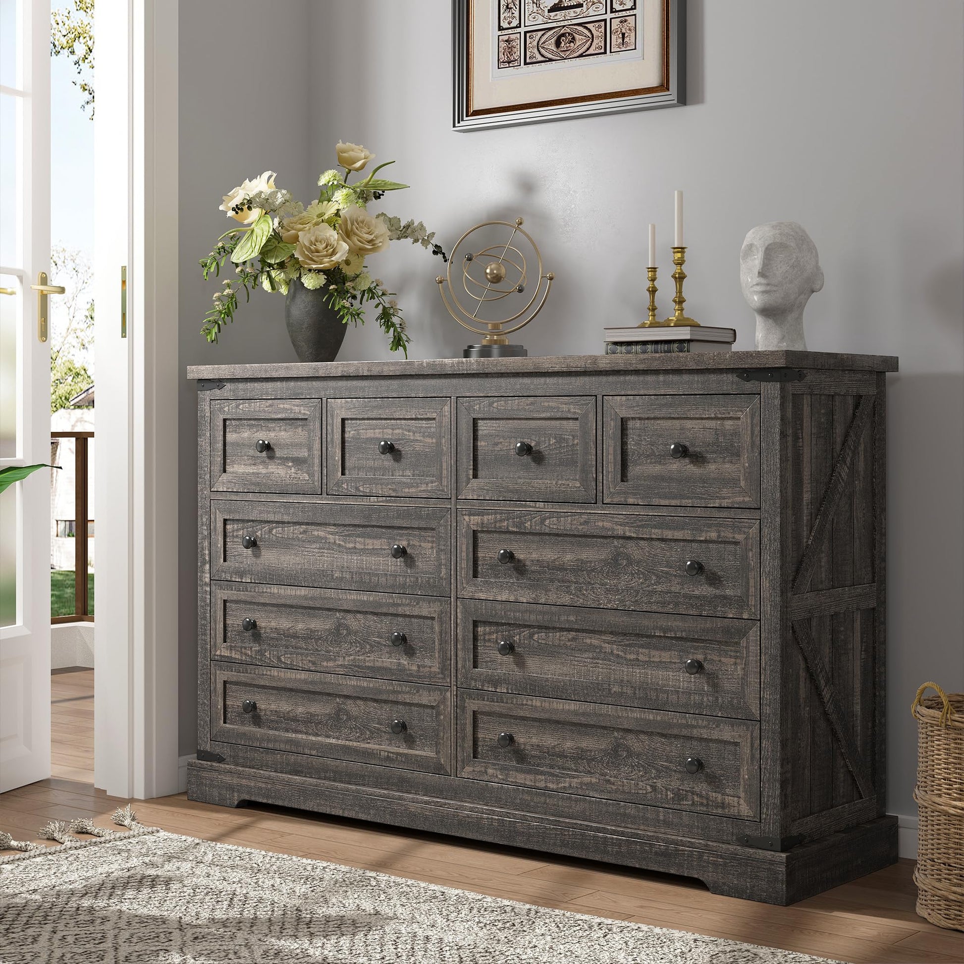 EnHomee 10 Drawer Dressser for Bedroom, 55" W Wood Dressers & Chests of Drawers with Smooth Metal Rail, Large & Wide Dressers for Bedroom,Hallway,Dark Rustic Oak,15" D x 55" W x 35.6" H - WoodArtSupply