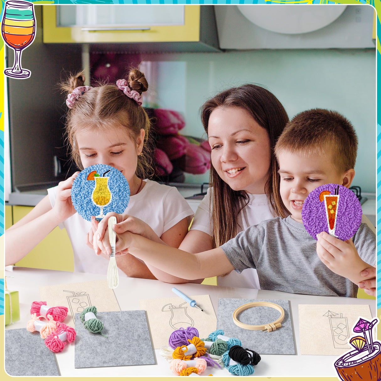 FoszaSzept Cocktail Punch Needle Coaster Kit, 22Pcs Embroidery Needle Coasters Crafts for Beginners, Easy DIY Mug Tufted Making Set with 6 Patterns Hoop Self Adhesive Felt Cloth Threading Device FoszaSzept