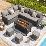 U-MAX 7 Pieces Patio Furniture Set with 43 Inch Fire Pit Table, Outdoor Sectional Sofa Conversation Set, All Weather Wicker Rattan Dining Table & Chair with Ottoman, Grey Rattan&Grey Cushion U-MAX