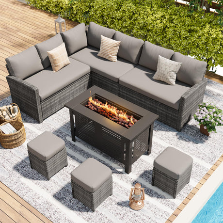 U-MAX 7 Pieces Patio Furniture Set with 43 Inch Fire Pit Table, Outdoor Sectional Sofa Conversation Set, All Weather Wicker Rattan Dining Table & Chair with Ottoman, Grey Rattan&Grey Cushion U-MAX
