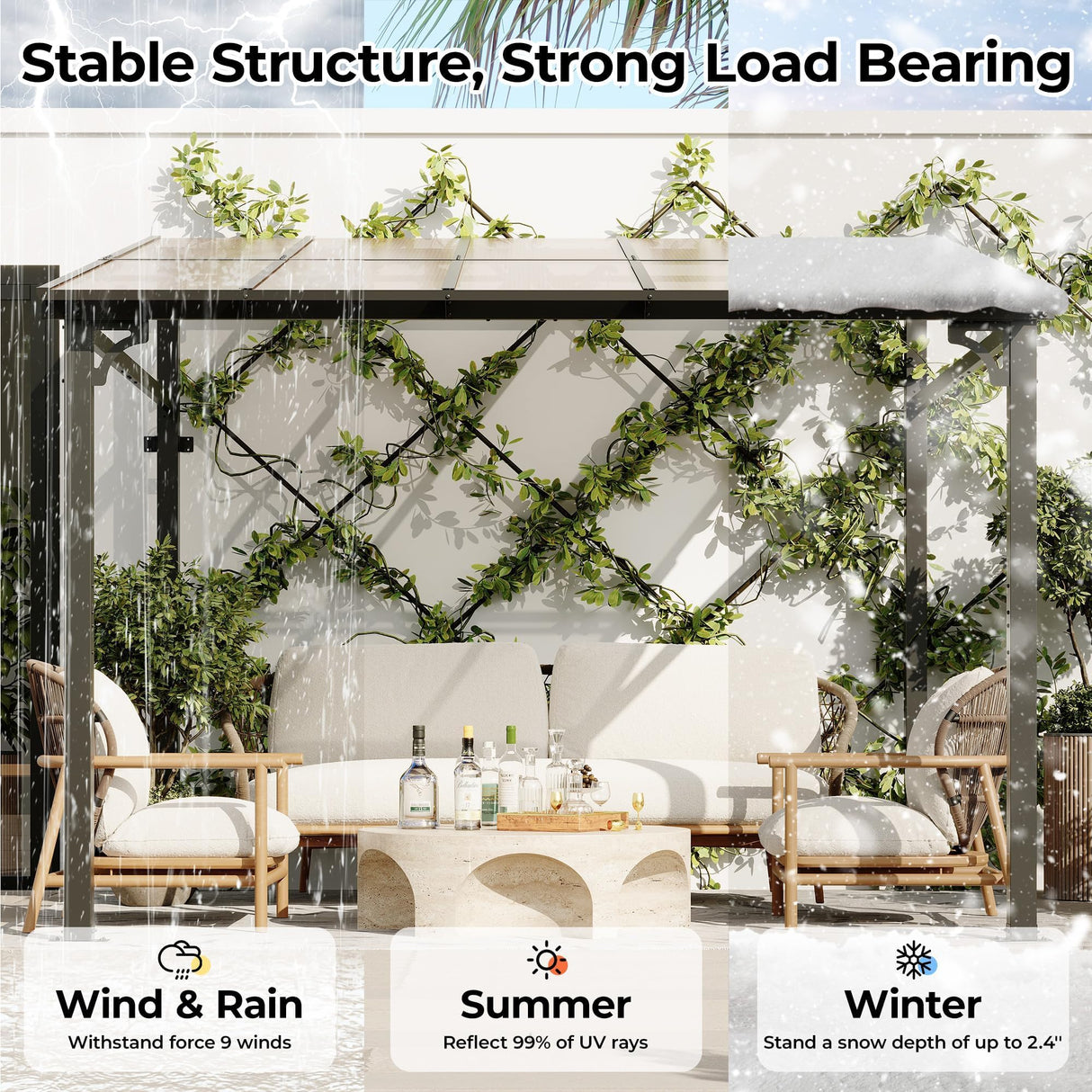 10'x 10'Wall Mounted Gazebo, Hardtop Lean-to Pergola with Polycarbonate Roof, Heavy Duty Outdoor Patio Awnings for Deck, Porch, Backyard, Garden, Weather Resistant, Brown Hipicute