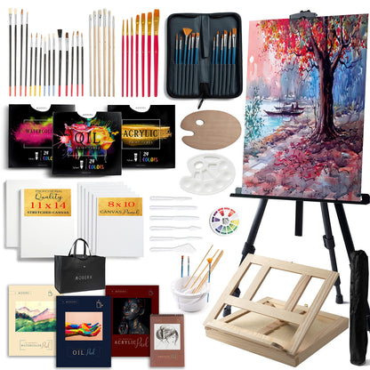 Large Deluxe Artist Painting Set, 139-Piece Professional Art Paint Supplies Kit w/Aluminum Field & Wood Table Easel for Adults, Acrylic, Oil, Watercolor Paints, Brushes, Canvases, Sketch Pads & More