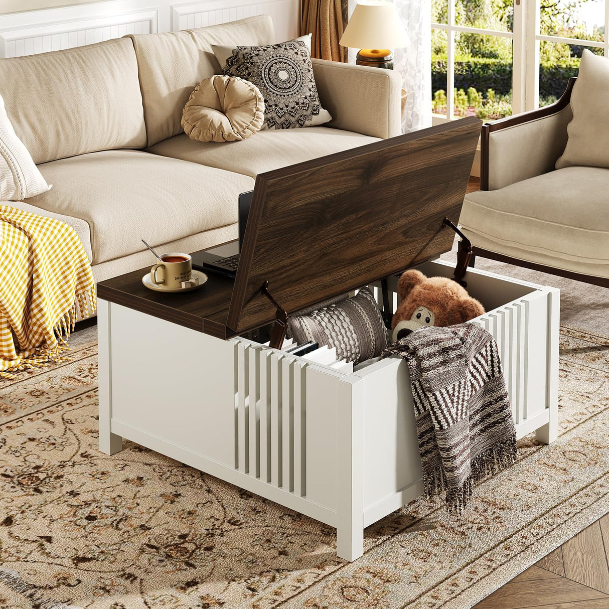 knoworld Farmhouse Lift Top Coffee Table with Storage, 35" Square Large Coffee Table with Hidden Compartment, Rustic Wood Center Table for Living Room, White knoworld