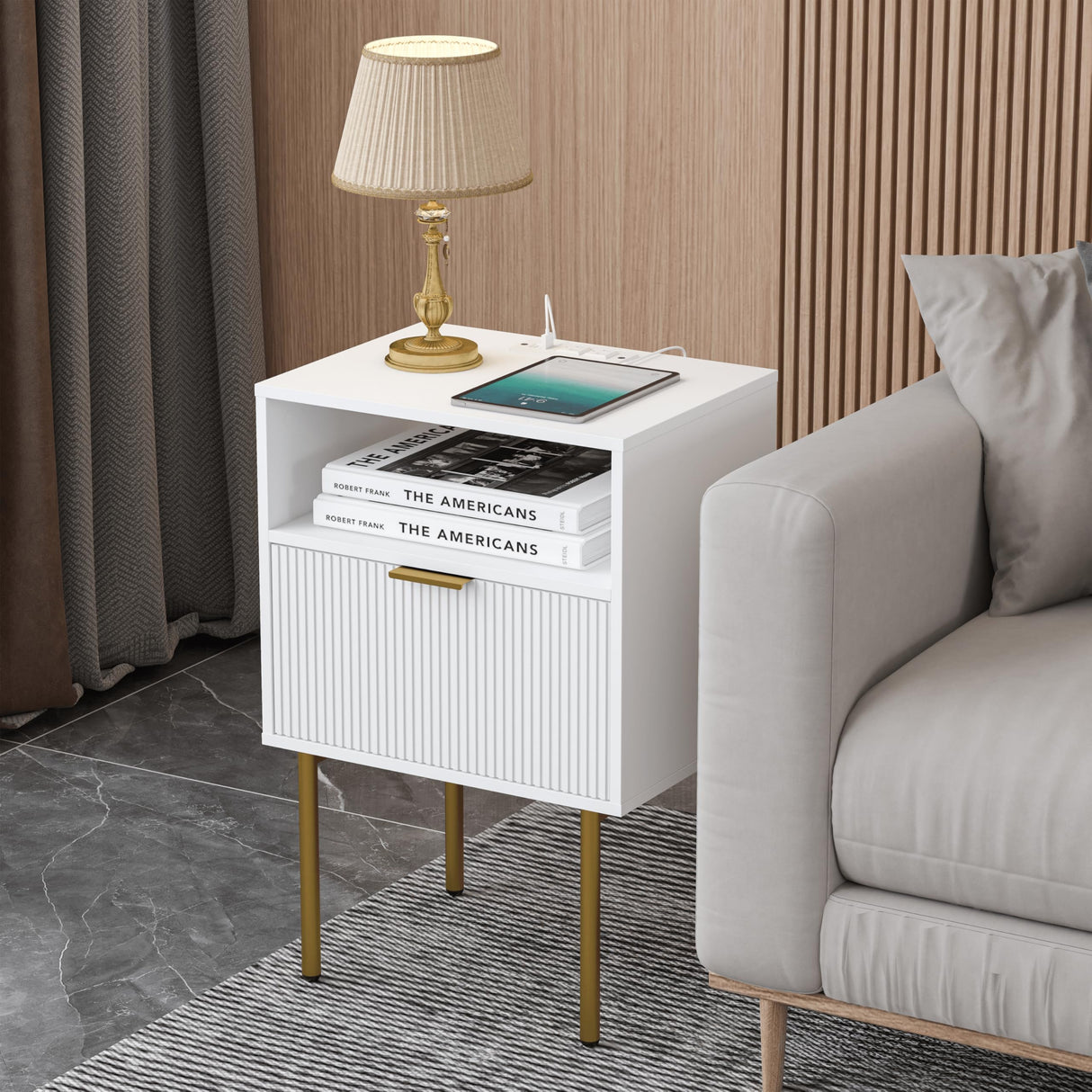 Modern Nightstand with Charging Station and LED Lights, White Bedside Table with Drawer, Fluted Side Table for Living Room, Bedroom JOONEE