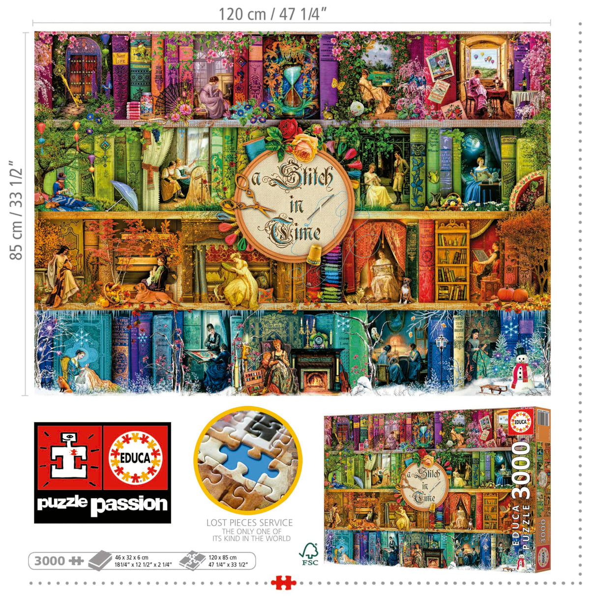 Educa - A Stitch in Time - 3000 Piece Jigsaw Puzzle - Puzzle Glue Included - Completed Image Measures 47.24"x 37.79" - Ages 14+ (19946) Educa
