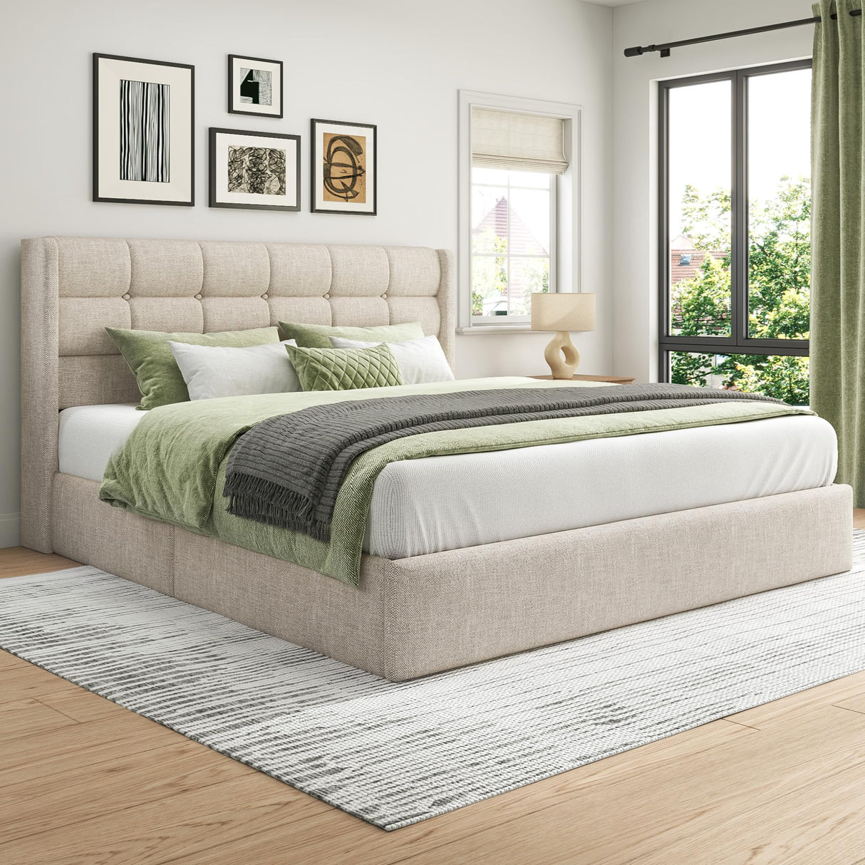 Lifezone Queen Size Storage Bed Frame with Hydraulic Lift & Wingback Headboard, Linen Upholstered, Space Saving Platform, No Box Spring Needed, Noise Free, Strong Support, Modern Furniture, Beige Lifezone