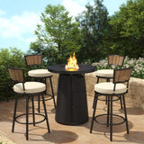 PIZZELLO 5-Piece Patio Swivel Bar Set with 37" Height Propane Round Firepit Table and High Swivel Stools Chair Set of 4, Outdoor High Top Bistro Set for Poolside, Garden, Balcony(Black) PIZZELLO