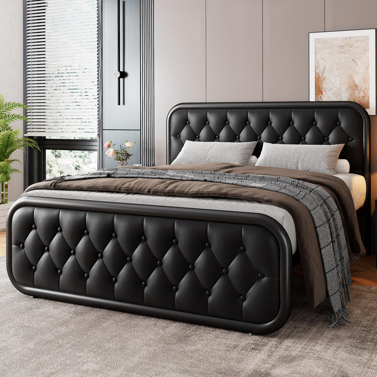 GalnFu Full Metal Bed Frame, Upholstered Bed with Leather Button-Tufted Headboard & Footboard, Heavy-Duty U-Shape Platform Bed, Easy Assembly, Black GalnFu