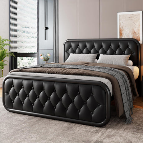 GalnFu Full Metal Bed Frame, Upholstered Bed with Leather Button-Tufted Headboard & Footboard, Heavy-Duty U-Shape Platform Bed, Easy Assembly, Black GalnFu