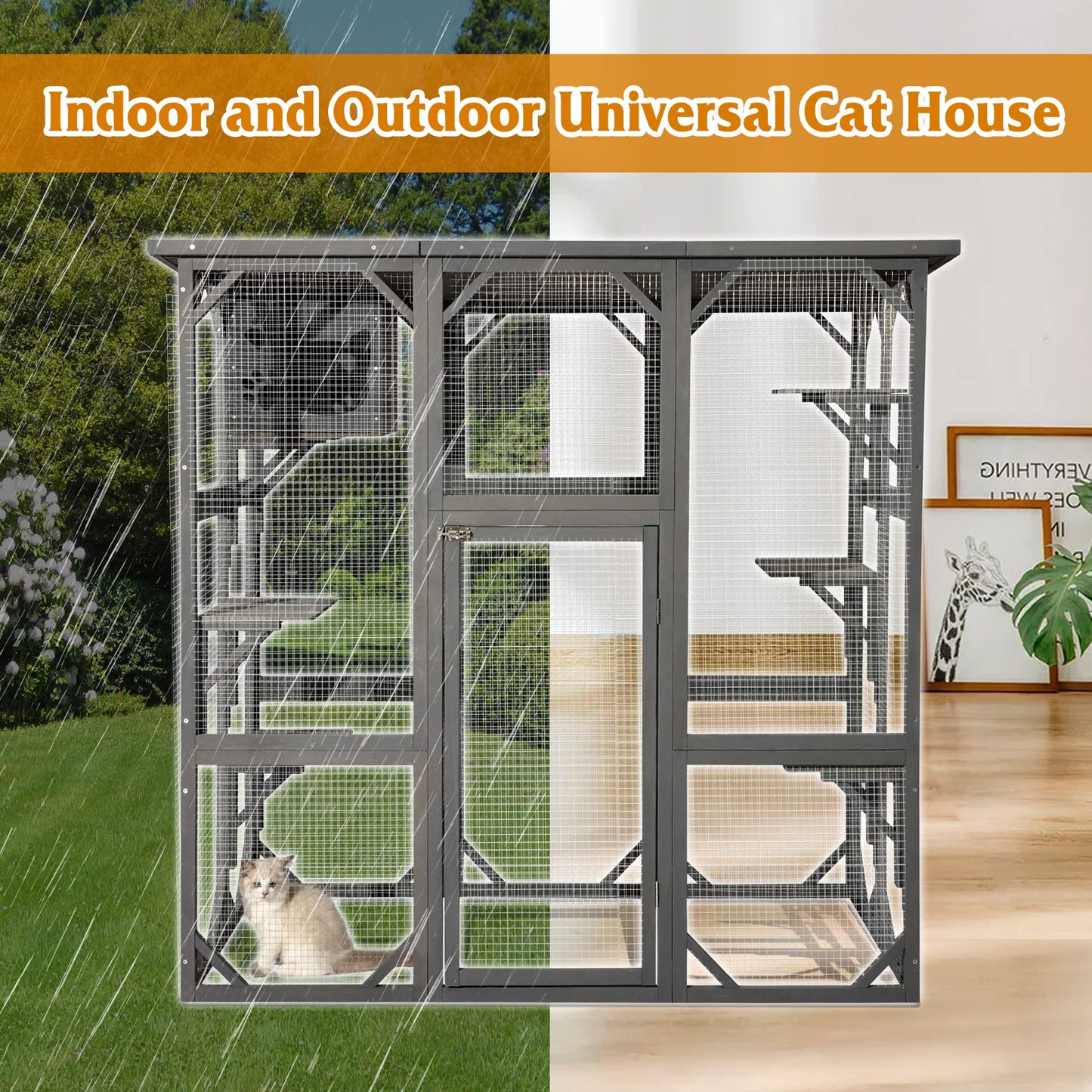 Grepatio Cat Enclosure Large Outdoor Catio Wooden Cat House with Weatherproof, Cat Cage Condo Indoor Playpen with Platform and Small House(Grey)