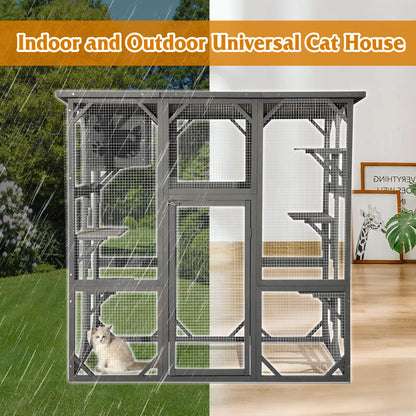 Grepatio Cat Enclosure Large Outdoor Catio Wooden Cat House with Weatherproof, Cat Cage Condo Indoor Playpen with Platform and Small House(Grey)