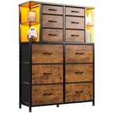 EnHomee Dresser for Bedroom with LED Lights, 12 Drawers Bedroom Dresser, Dresser and Tall Dresser with Open Shelves, Fabric Dressers & Chests of Drawers with Sturdy Metal Frame, Rustic Brown EnHomee