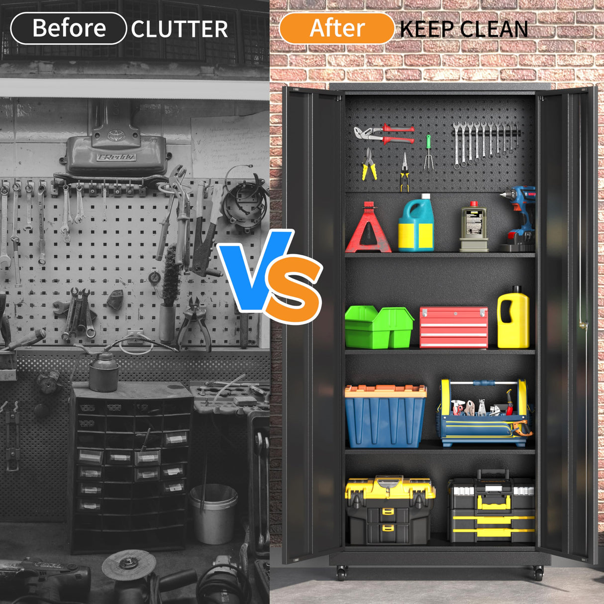 Metal Garage Storage Cabinet with Wheels, 71"H Tool Storage Cabinet with Doors and Adjustable Shelves, Locking Garage Cabinets and Storage System for Utility Home, Warehouse, Workshop, Basement PIYAZEE