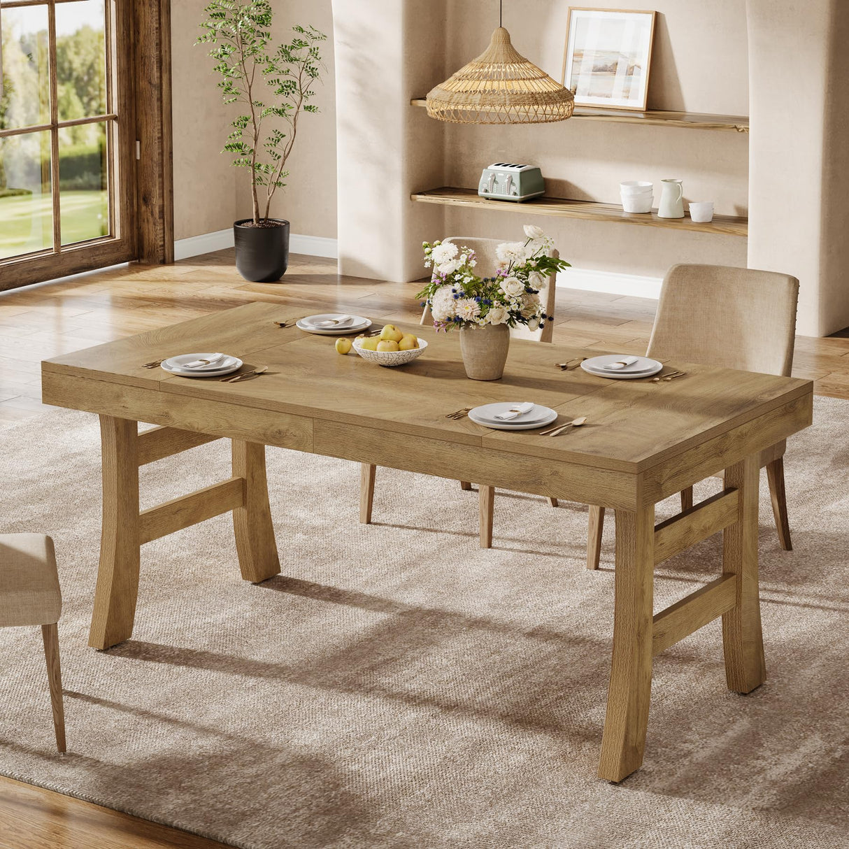 Tribesigns 63-Inch Dining Table for 4-6 People, Farmhouse Rectangular Large Kitchen Dinner Eating Table with Sturdy Legs for Home Kitchen, Dining Room, Light Brown Tribesigns