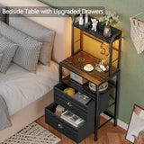 Furologee 41'' Tall Nightstand with Charging Station, Bedside Table with LED Lights, End Table with 2 Drawers and Storage Shelves, Night Stand with Pegboard for Bedroom, Living Room, Black Oak Furologee