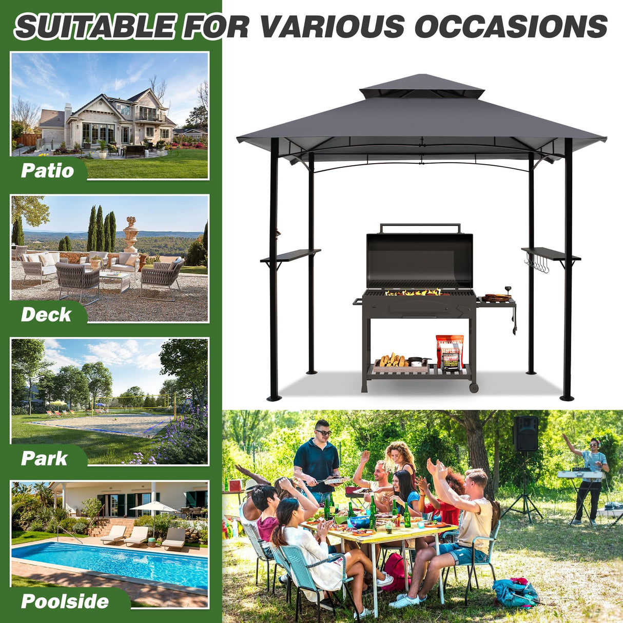 GARTOO 8'x5' Outdoor Grill Gazebo - Double Roof BBQ Gazebo Canopy with 2 Side Shelves and LED Lights, Patio BBQ Pergola Shelter for Garden, Porch and Backyard (Grey) GARTOO