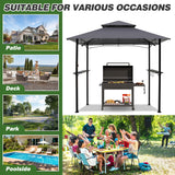 GARTOO 8'x5' Outdoor Grill Gazebo - Double Roof BBQ Gazebo Canopy with 2 Side Shelves and LED Lights, Patio BBQ Pergola Shelter for Garden, Porch and Backyard (Grey) GARTOO