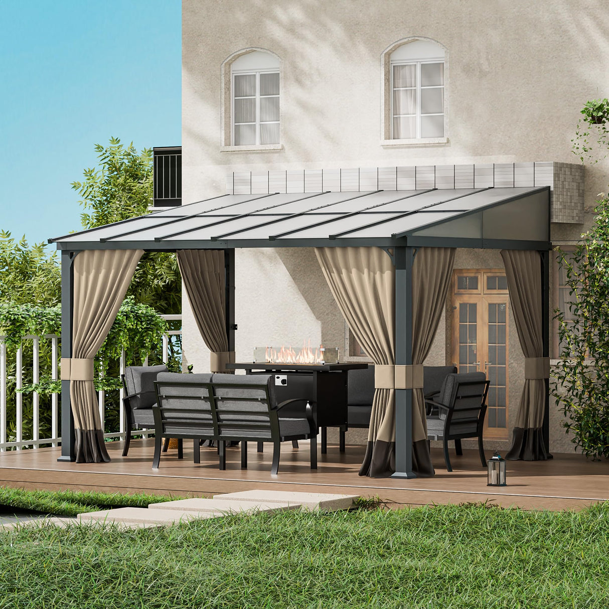 ASJMR 10x12FT Gazebo, Hardtop Wall Mounted Gazebo with Sloping Sun Panel Roof, Awnings for Patio with Metal Frame, Double Curtains for Garden, Lawn, Backyard Deck, Sand ASJMR