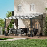 ASJMR 10x12FT Gazebo, Hardtop Wall Mounted Gazebo with Sloping Sun Panel Roof, Awnings for Patio with Metal Frame, Double Curtains for Garden, Lawn, Backyard Deck, Sand ASJMR