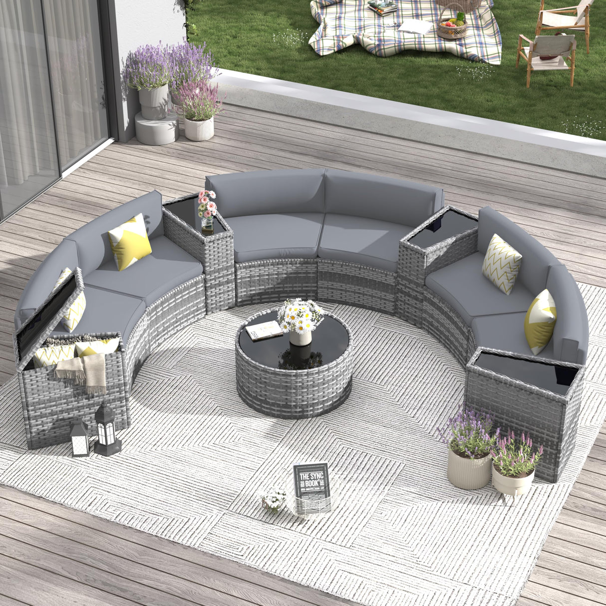 Amopatio Outdoor Patio Sectional Furniture Sets, 11 Pcs Curved Patio Couch with Storage Armrest Table and 4 Pillows, Half-Moon Outdoor Sofa Fit Porch Poolside Garden (Included Waterproof Cover) Amopatio