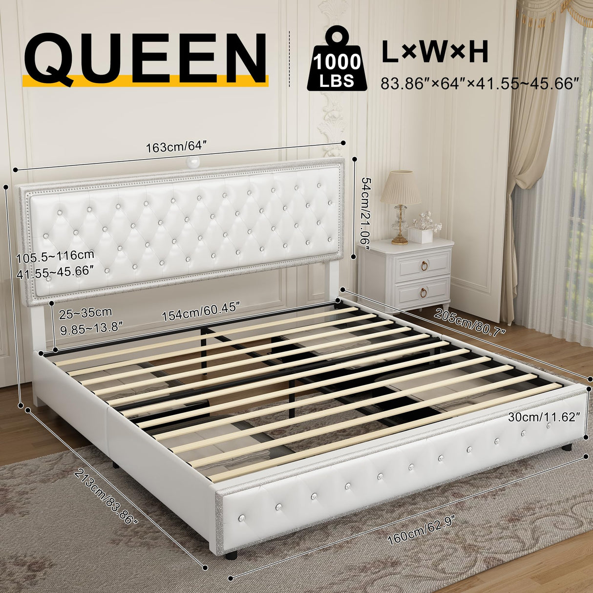 GEGOFORU Queen led Bed Frame with 4 Drawers，Galaxy Projector Adjustable Upholstered Headboard Diamond Bed Frame with Charger Music Speaker, No Box Spring Needed, Wooden Slats Support, PU White GEGOFORU