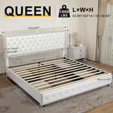 GEGOFORU Queen led Bed Frame with 4 Drawers，Galaxy Projector Adjustable Upholstered Headboard Diamond Bed Frame with Charger Music Speaker, No Box Spring Needed, Wooden Slats Support, PU White GEGOFORU